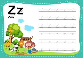 Alphabet Letter Z - Zoo exercise with cut girl vocabulary illustration, vector