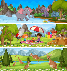 Outdoor panorama landscape scene set with cartoon character