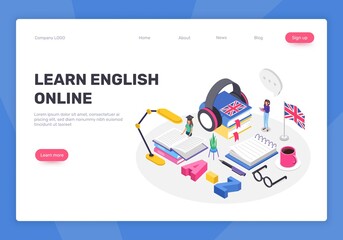Isometric learning english language concept. People studying foreign languages online. Digital courses, online education vector landing page. Studying words, reading books, taking course - obrazy, fototapety, plakaty