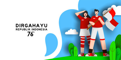 Indonesia Independence Day Illustration 76 years freedom with young people respect. paper art style indonesia independence day celebrating