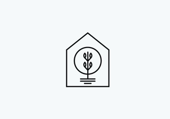 A line art icon logo of a house / home with a leaf and tree