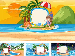 Obraz na płótnie Canvas Set of different tropical beach scenes with blank banner