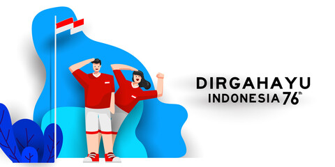 Indonesia Independence Day Illustration 76 years freedom with young people respect. paper art style indonesia independence day celebrating