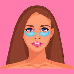  Portrait of a girl in patches. The female face is intended for the demonstration of cosmetics. Bright illustration on a pink background.