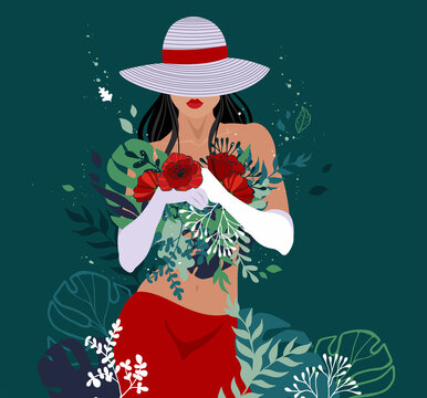 A beautiful woman in gloves and a hat pulled down over her eyes stands against a dark background with a bouquet in her hands. Vector hand-drawn illustration.