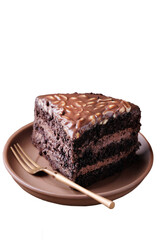 Close up Piece of chocolate cake at  a plate isolated on white