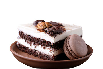 Close up Piece of chocolate cake at  a plate isolated on white