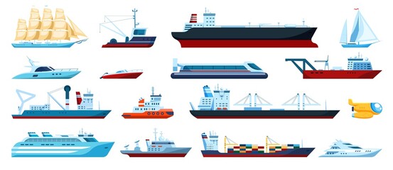 Flat sea transports. Speed boats, yachts, cruise, fishing ships, submarine. Cargo ship with shipping containers. Maritime transport vector set. Ocean big vessels for transportation © Frogella.stock