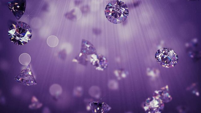 Purple amethyst gems in light rays. Abstract luxury background. 3D render seamless loop animation