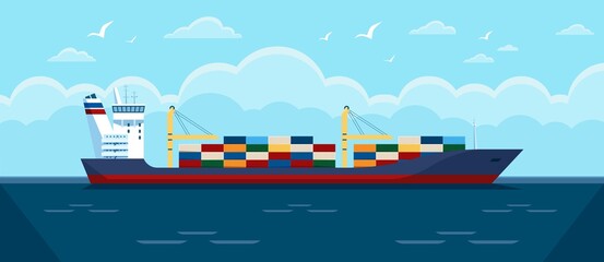 Fototapeta premium Cargo ship in ocean. Commercial freight vessel with containers in sea. Maritime commerce delivery, shipping industry vector illustration. Heavy industrial shipment, trade marine service