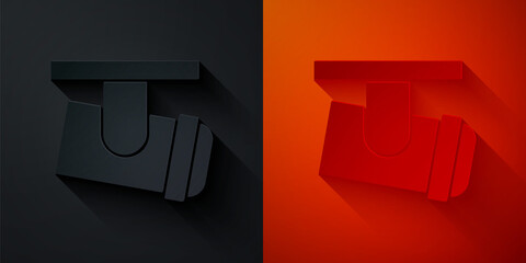 Paper cut Led track lights and lamps with spotlights icon isolated on black and red background. Paper art style. Vector