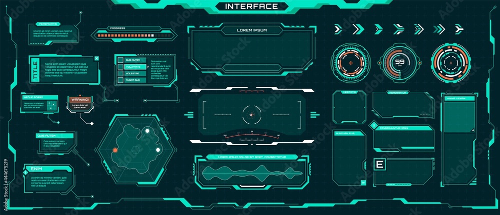 Poster futuristic ui elements. sci-fi digital frames, arrows, callout titles, optical aim. abstract cyberpu