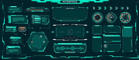Futuristic ui elements. Sci-fi digital frames, arrows, callout titles, optical aim. Abstract cyberpunk virtual hud interface vector set. Dashboard display with menu window for game - obrazy, fototapety, plakaty