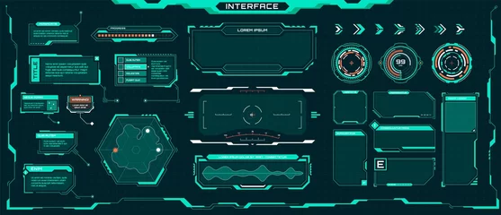 Fotobehang Futuristic ui elements. Sci-fi digital frames, arrows, callout titles, optical aim. Abstract cyberpunk virtual hud interface vector set. Dashboard display with menu window for game © Frogella.stock
