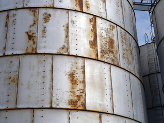 Detail of a metal grain bin at a grain elevator in southeastern Washington, USA