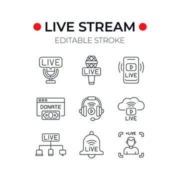 Online broadcast linear icon. Live Stream. Thin line customizable illustration. Vector isolated outline drawing. Editable stroke