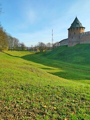 Kremlin Park in Veliky Novgorod towers of the fortress moat autumn