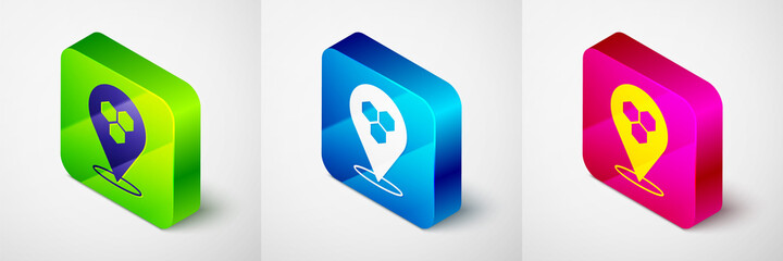 Isometric Honeycomb bee location map pin pointer icon isolated on grey background. Farm animal map pointer. Square button. Vector