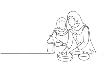 Single continuous line drawing Arabian little daughter helping her mother make dough by adding olive oil. Pastry preparation in cozy kitchen at home. One line draw graphic design vector illustration