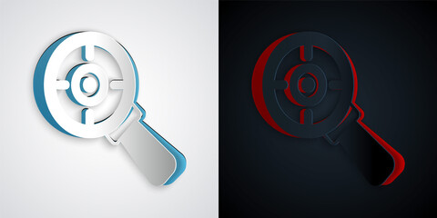 Paper cut Target financial goal concept with magnifying glass icon isolated on grey and black background. Symbolic goals achievement, success. Paper art style. Vector