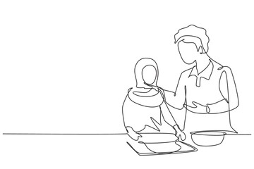 Fototapeta na wymiar Single one line drawing happy Arabian father and daughter cook in cozy kitchen. Enjoying kneading cake dough or bakery together at home. Modern continuous line draw design graphic vector illustration