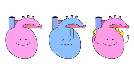 心臓のかわいいシンプルなキャラクターイラスト。健康なものや不健康なものなどの３つ。