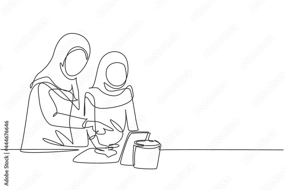Poster single continuous line drawing arabian mother and daughter cooking together while watching tutorial 