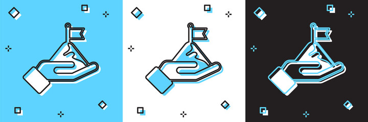 Set Mountains with flag on top icon isolated on blue and white, black background. Symbol of victory or success concept. Goal achievement. Vector