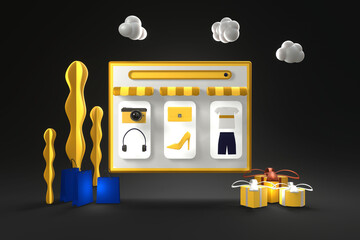 Shopping online on popular mobile applications around the world with yellow phone and boxes, gifts, cameras, shoes on gray-black background. 3D rendering