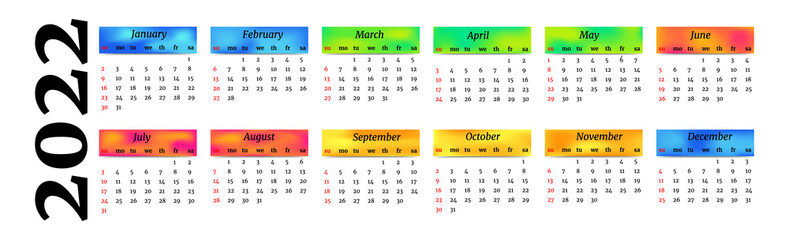 Horizontal calendar for 2022 on a white background