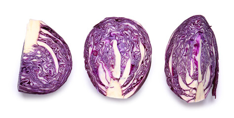 Pieces of fresh purple cabbage on white background