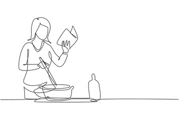 Single one line drawing young woman cooking while reading book she is holding. Healthy food lifestyle concept. Cooking at home. Prepare food. Continuous line draw design graphic vector illustration