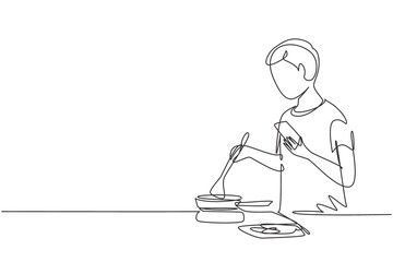 Fototapeta na wymiar Continuous one line drawing handsome husband is cooking while looking at tutorial on smartphone. Learn to cook with modern technology. Prepare food. Single line draw design vector graphic illustration
