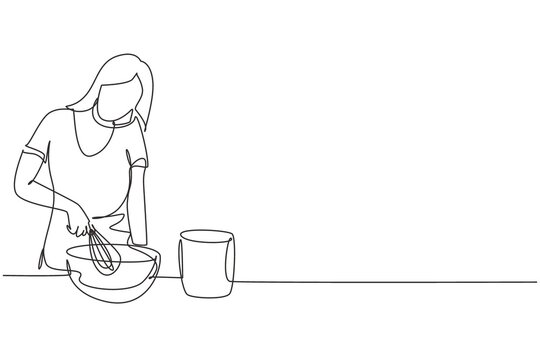 Continuous one line drawing woman talks on smartphone while preparing dinner while standing in kitchen and knead cake dough using manual hand mixer. Single line draw design vector graphic illustration