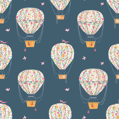 Beautiful vector seamless pattern with cute watercolor hand drawn air baloons with gentle flowers. Stock illustration.