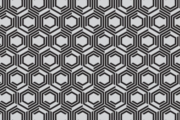 Abstract hexagon geometric pattern with lines, illustration background. Black hexagon on white backgroud.