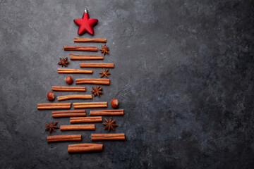 Christmas card with fir tree shaped cinnamon and anise spices