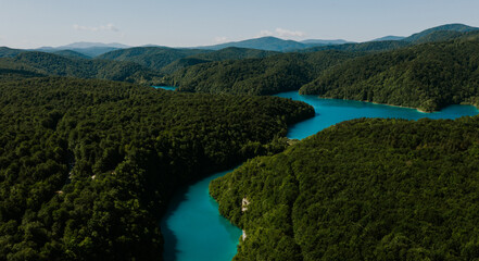 Fototapeta na wymiar Drone view of amazing National park Plitvice. Beautiful water color