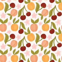 Seamless pattern with peaches, apricot fruits, cherry berrys and blossomed flowers. Hand painted by pencils endless background. Garden print design.