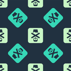 Green and beige No alcohol icon isolated seamless pattern on blue background. Prohibiting alcohol beverages. Forbidden symbol with beer bottle glass. Vector