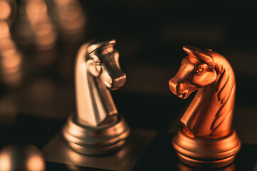 Closeup shot of two knights on a chessboard