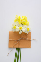 Beautiful daffodils and envelope on white background