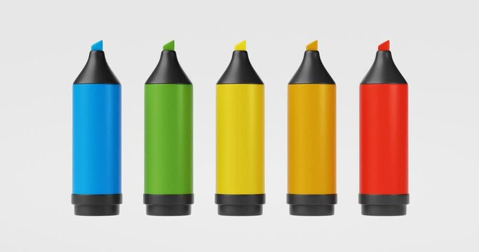 Colorful ink marker pen or drawing highlighter pencil graphic art design isolated on white background with education stationery for vivid creative color concept. 3D rendering.