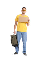 Young man with cardboard and backpack on white background