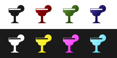 Set Margarita cocktail glass with lime icon isolated on black and white background. Vector