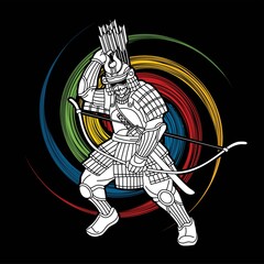 Fototapeta na wymiar Samurai Warrior with Bow Weapon Ready to Fight Action Cartoon Graphic Vector