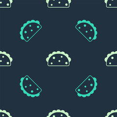 Green and beige Taco with tortilla icon isolated seamless pattern on blue background. Traditional mexican fast food menu. Vector