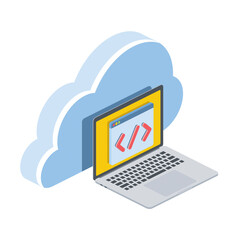 Development clouds service, laptop screen. Vector 3d symbol, isometric, color web icons, new flat style. Creative design idea, concept for infographics.