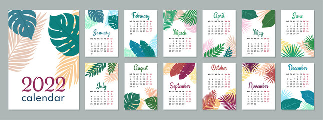 2022 calendar template. Calendar concept design with leaves. Week starts on Monday. Set of 12 months 2022 pages. Vector illustration.