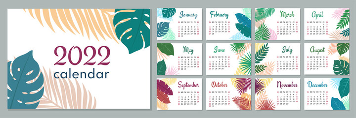 Fototapeta na wymiar 2022 calendar template. Calendar concept design with leaves. Week starts on Sunday. Set of 12 months 2022 pages. Vector illustration.